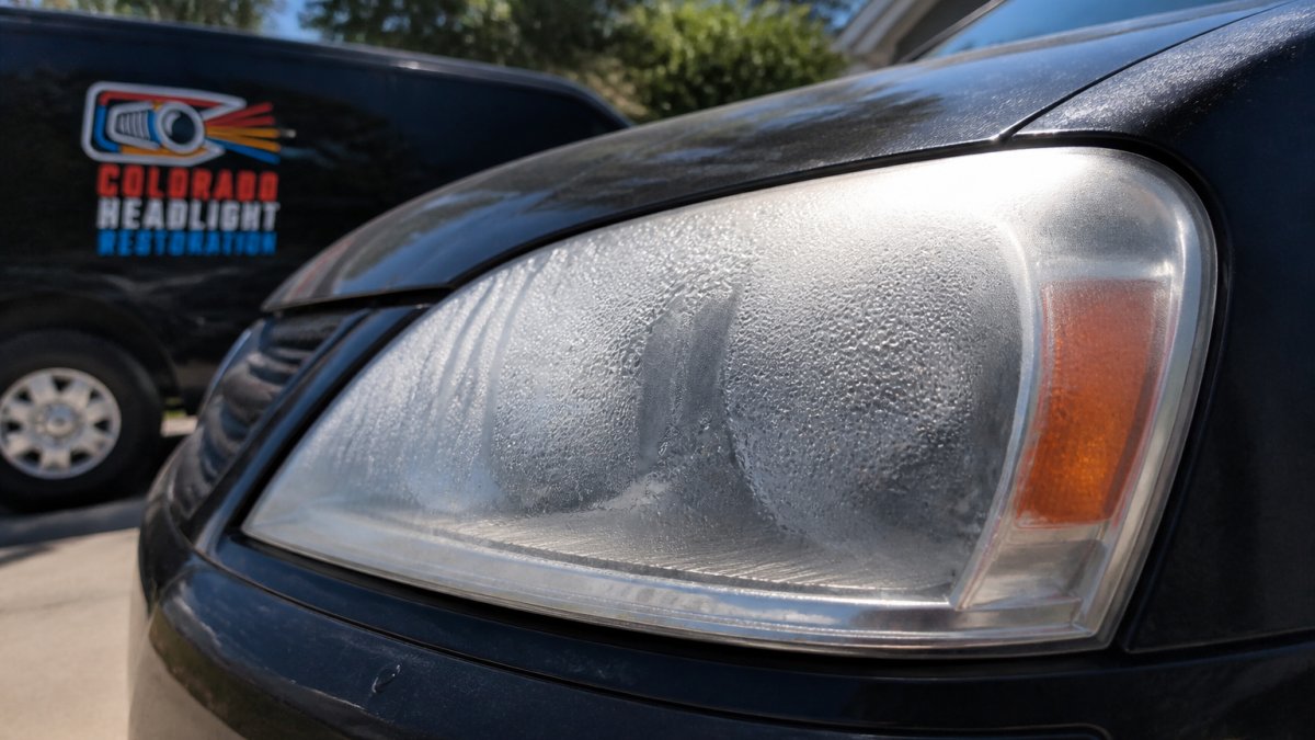 Close-up of a car headlight lens covered in visible condensation droplets, parked outdoors with daylight reflecting off the foggy surface
