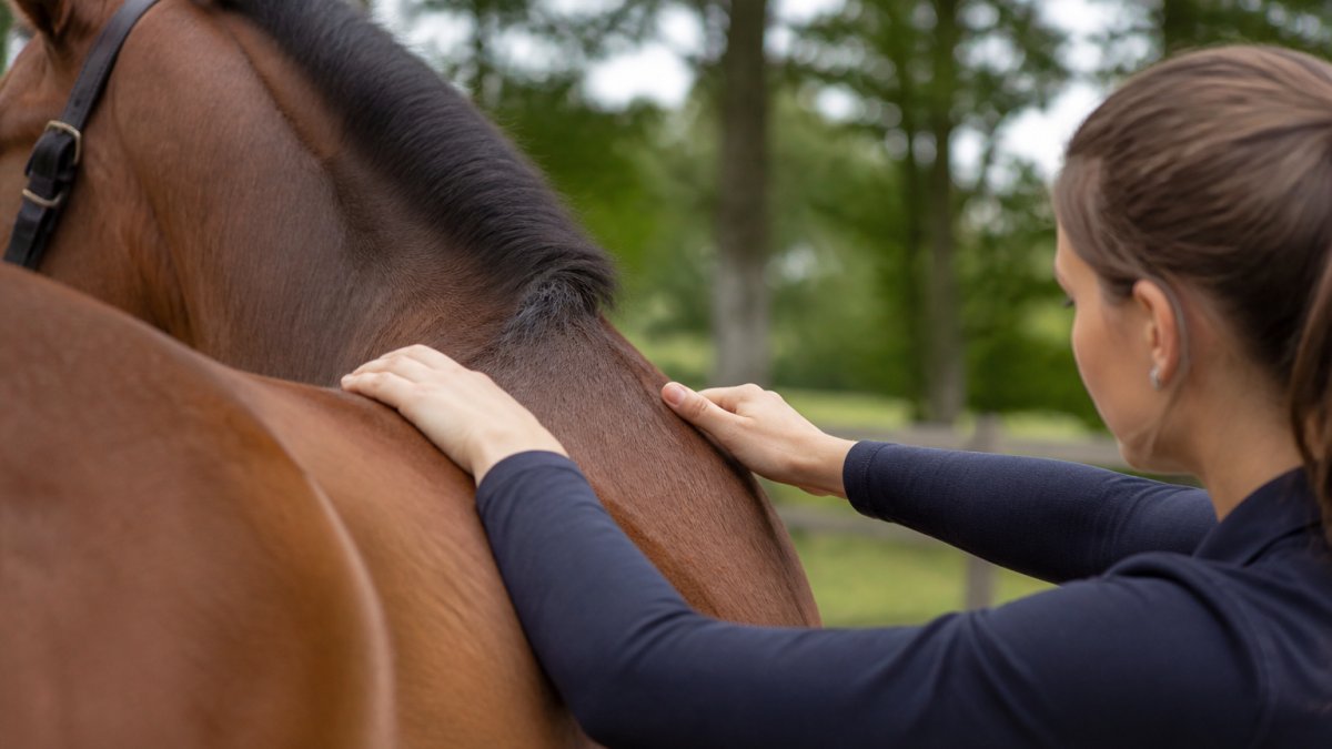 Rider palpating a horse's withers and back muscles to check for saddle pressure sensitivity