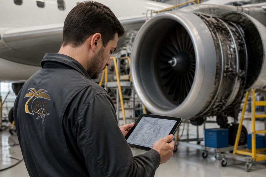Aircraft maintenance technician in flight suit reviewing detailed engine diagnostics data on a tablet computer in a well-lit maintenance hangar, with a large turbofan engine visible in the background