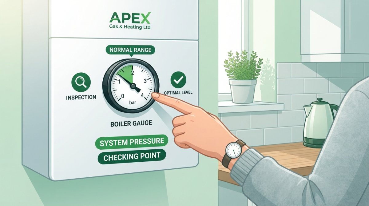 Close-up of a homeowner's hand pointing to a pressure gauge on a boiler, with the needle positioned in the normal green operating range between 1 and 1.5 bar, in a domestic kitchen setting with natural light