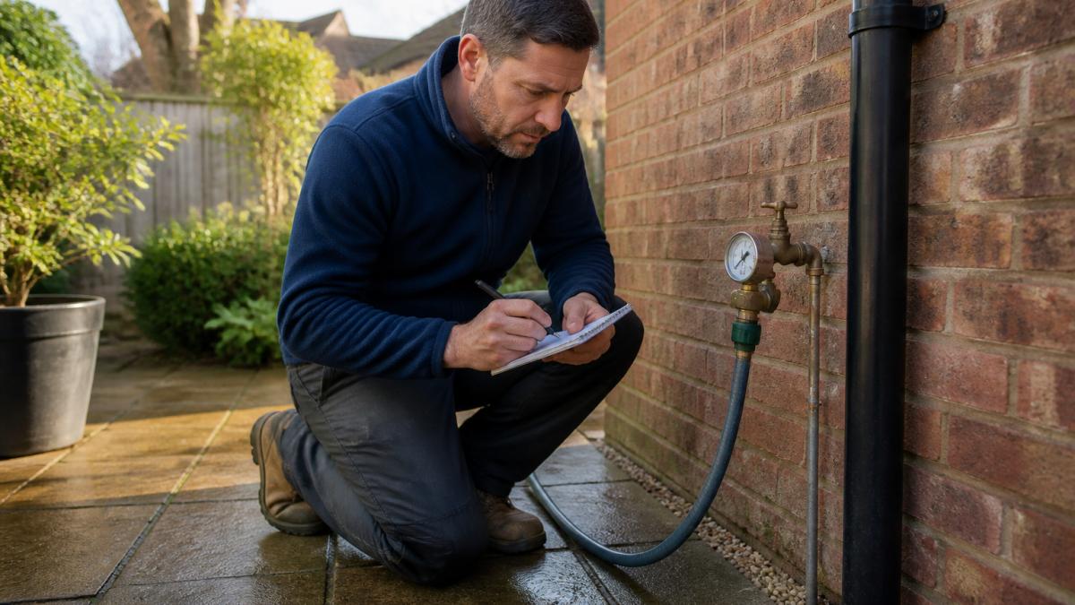 A homeowner attaching a brass pressure gauge to an outdoor garden tap with a short hose, standing on a paved patio in a British back garden, holding a small notebook to record the reading, soft morning light