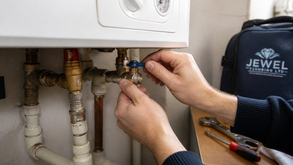 Close-up of a homeowner's hands turning the filling loop valve on a wall-mounted boiler, with the pressure gauge visible in the background, in a typical utility room