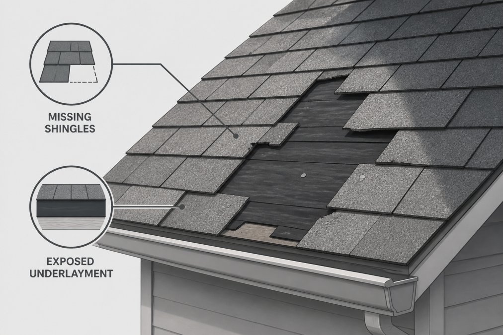 Close-up of a residential roof section showing several missing shingles with exposed dark underlayment visible, afternoon sunlight casting shadows across the damaged area