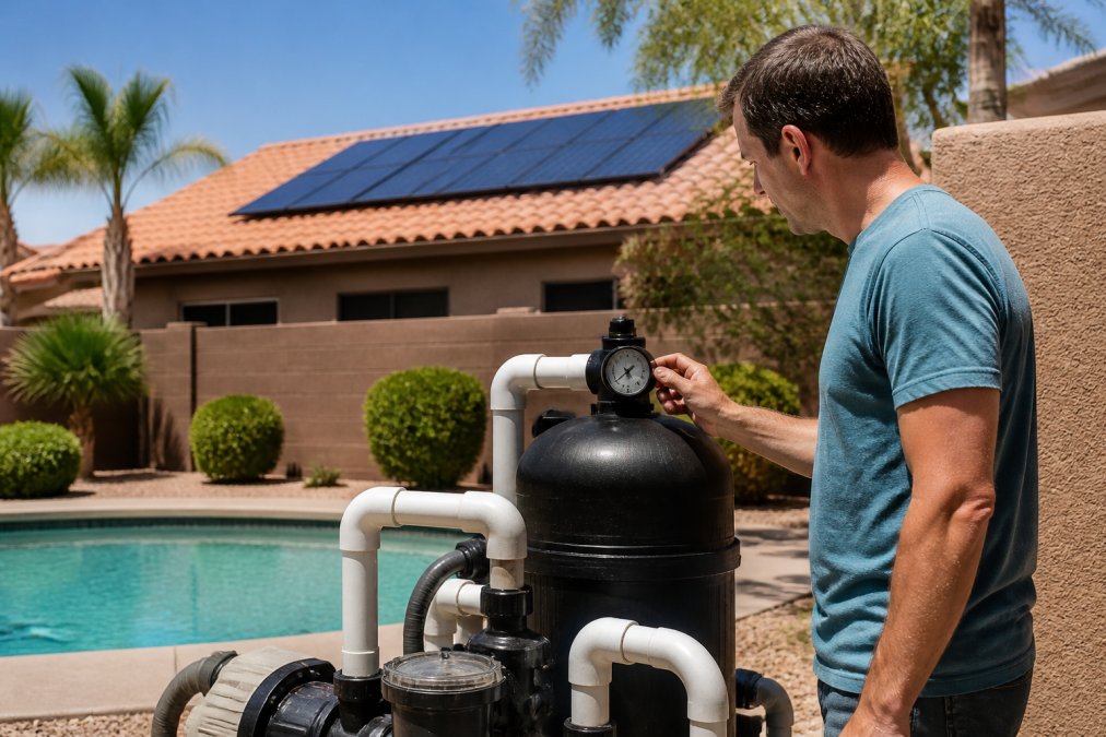A homeowner in casual clothes standing beside a swimming pool, looking at a pressure gauge on the pool equipment pad with solar panels visible on a nearby roof in bright sunlight
