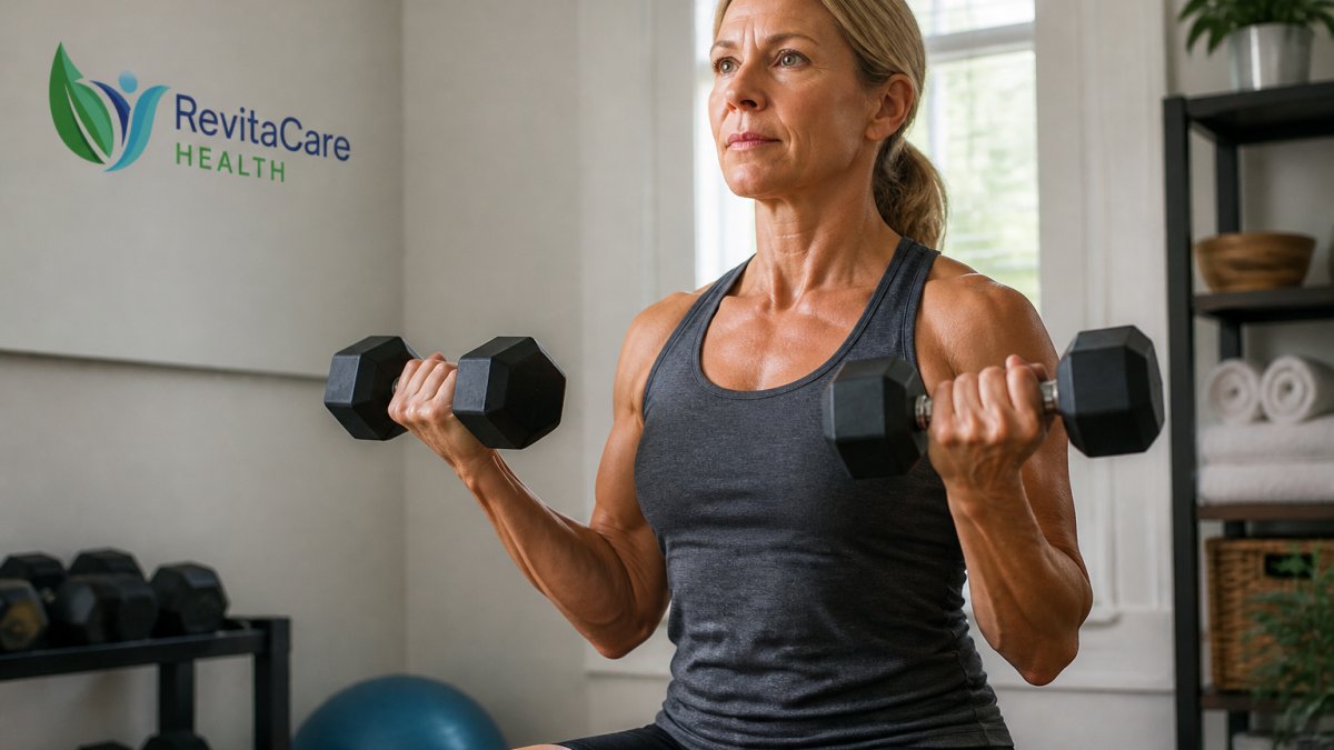 Adult in their 40s performing strength training with dumbbells in bright home gym, showing engaged muscles and focused posture