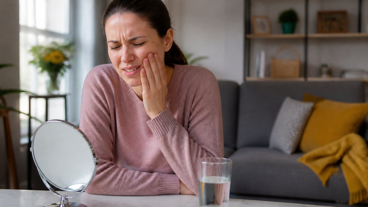 A person holding their cheek in discomfort while sitting in a bright, modern living room, with a glass of water and a mirror on the table nearby