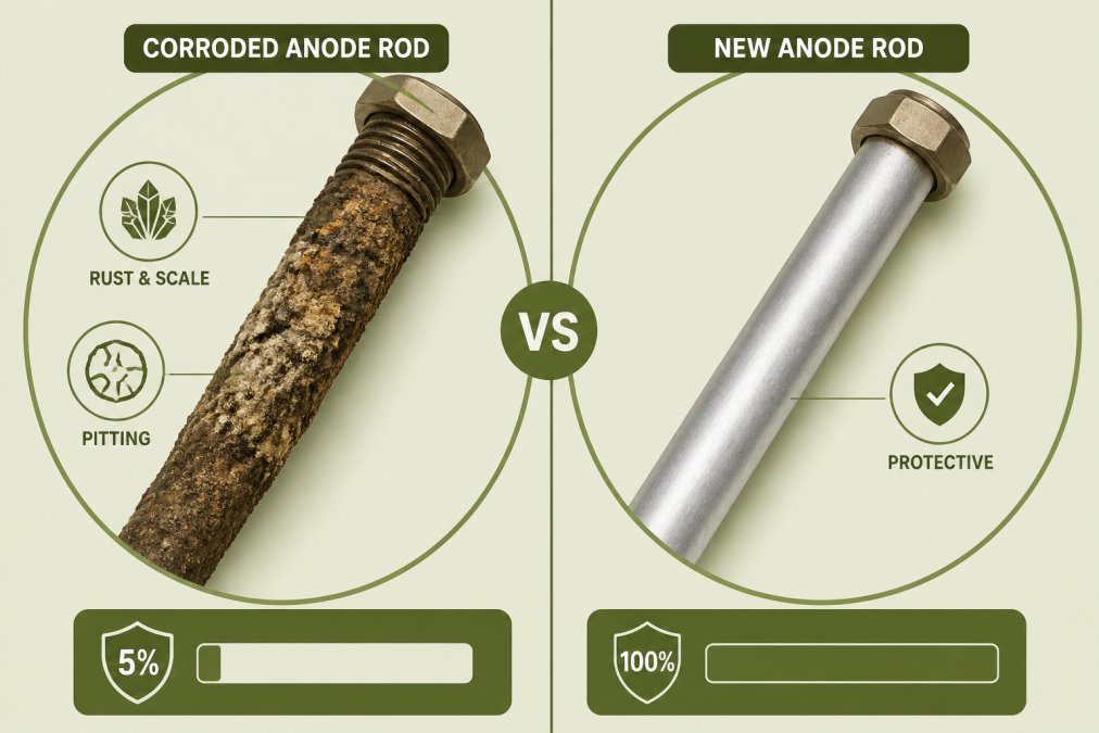 Close-up of a heavily corroded anode rod covered in rust and mineral deposits next to a new shiny magnesium anode rod, showing the dramatic difference in material integrity