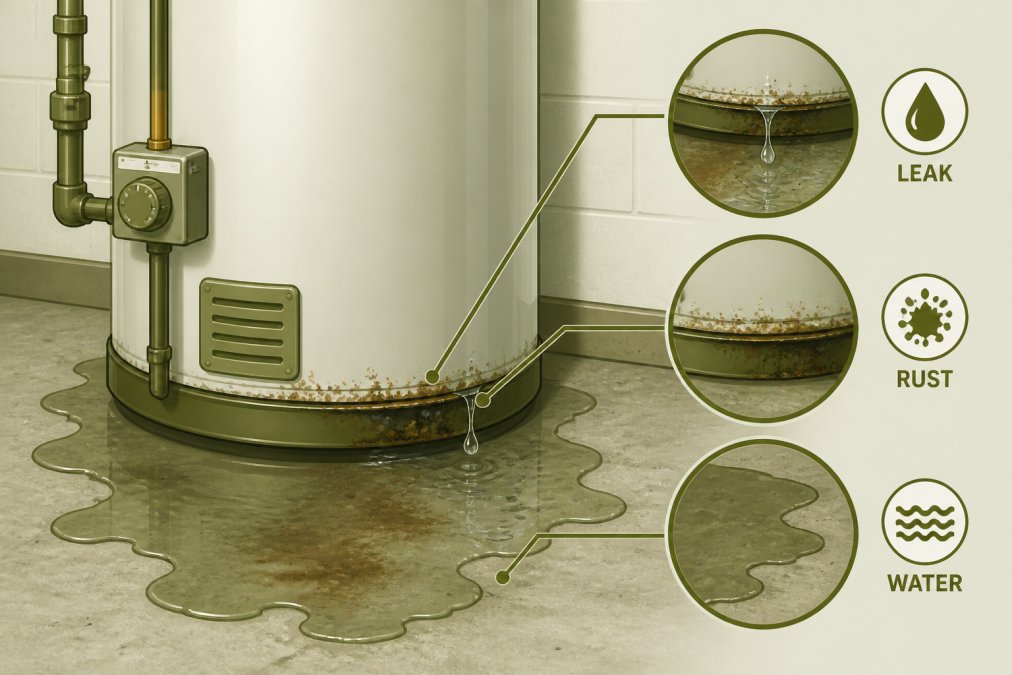 Water pooling around the base of a residential water heater tank, showing rust stains and water damage on the surrounding concrete floor with visible moisture seeping from the tank seam