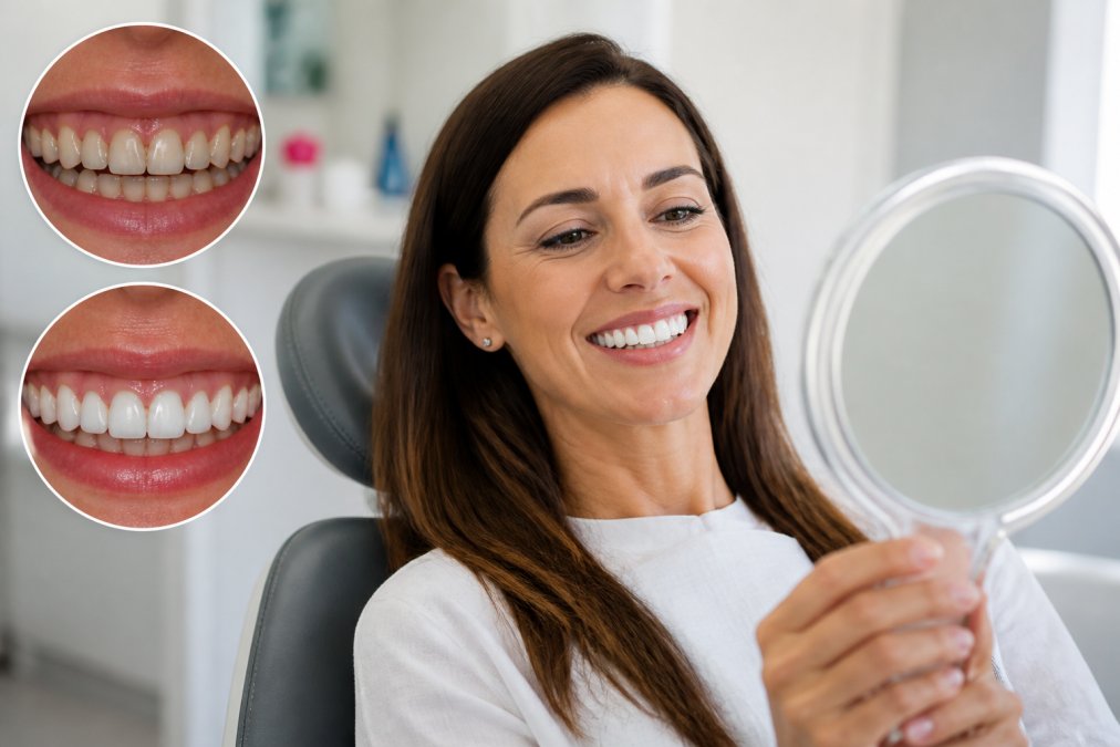 Patient displaying confident smile after cosmetic dental treatment showing before-and-after transformation with natural lighting and genuine expression