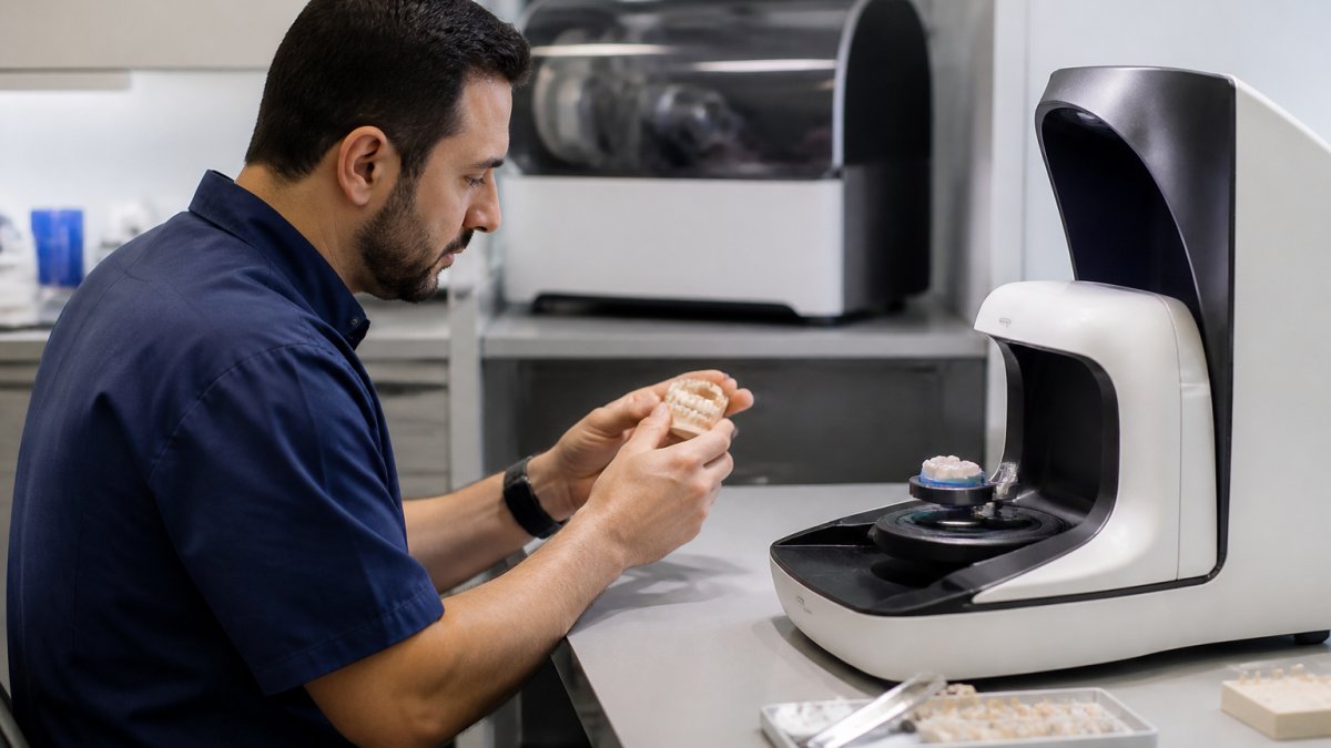 A dental technician in a clean laboratory examining a dental CAD design on a large monitor, with a digital scanner and milling machine visible in the background