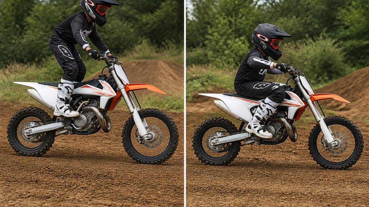 Young rider on a dirt bike demonstrating proper standing position with knees bent, elbows up, and body centered over the seat in an outdoor dirt track setting