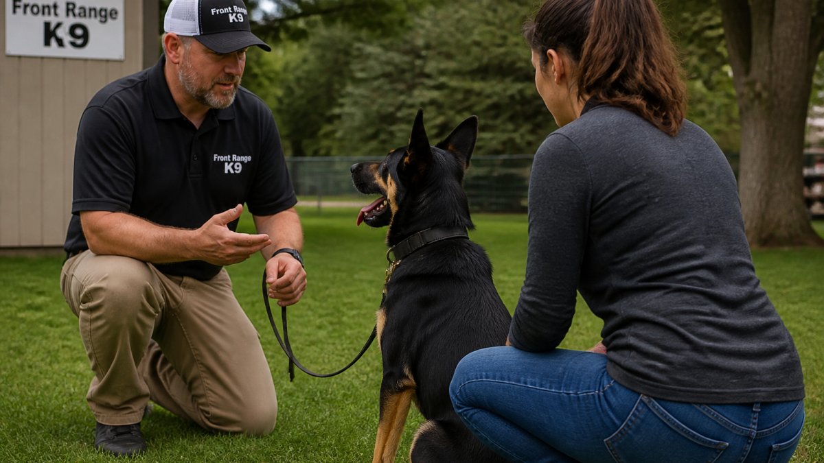 Professional dog trainer working with handler and their dog during training session, demonstrating engagement and focus in outdoor setting with natural daylight