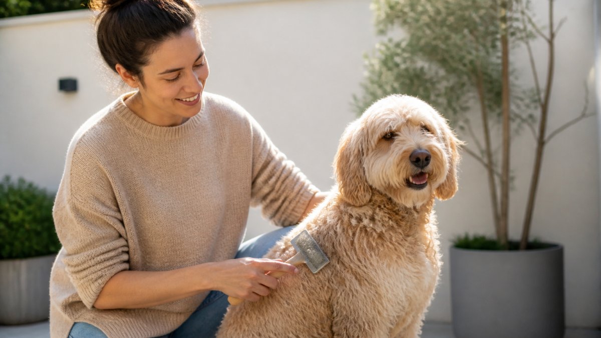 Dog owner gently brushing their dog's coat outdoors on a sunny day, showing proper brush technique with relaxed body language from both owner and dog