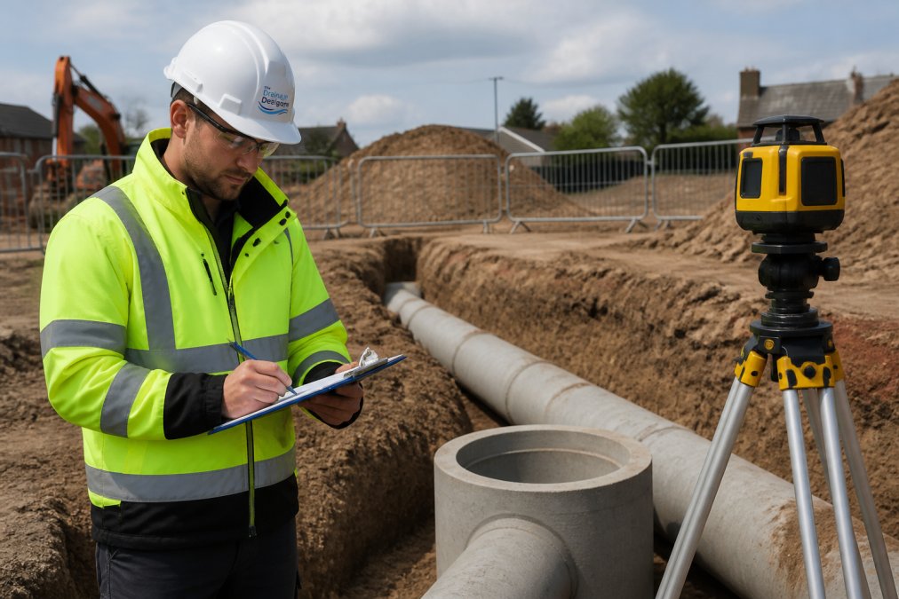 Professional site engineer measuring and checking drainage pipe invert levels with laser level equipment on a construction site, carefully noting gradient calculations on a clipboard