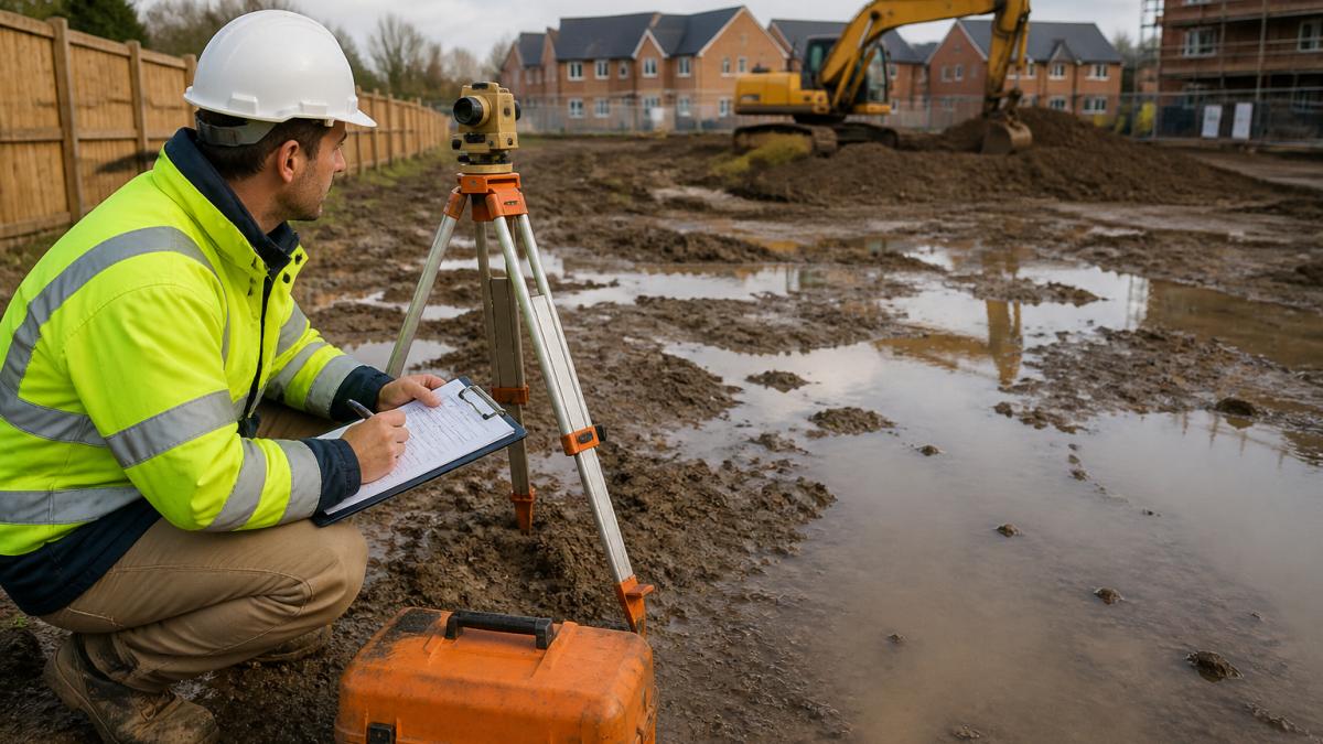 Site surveyor inspecting water pooling to identify common drainage issues in property development planning