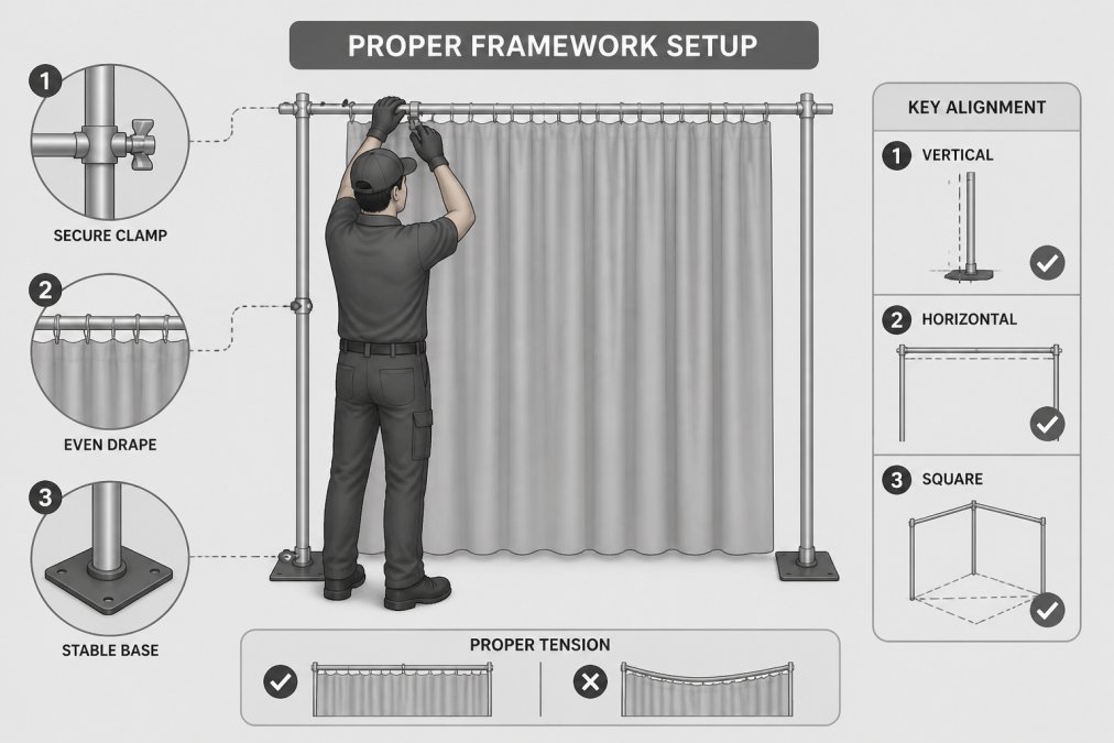 Professional installer securing pipe and drape framework with proper tension and clamps, showing correct hand positioning and framework alignment