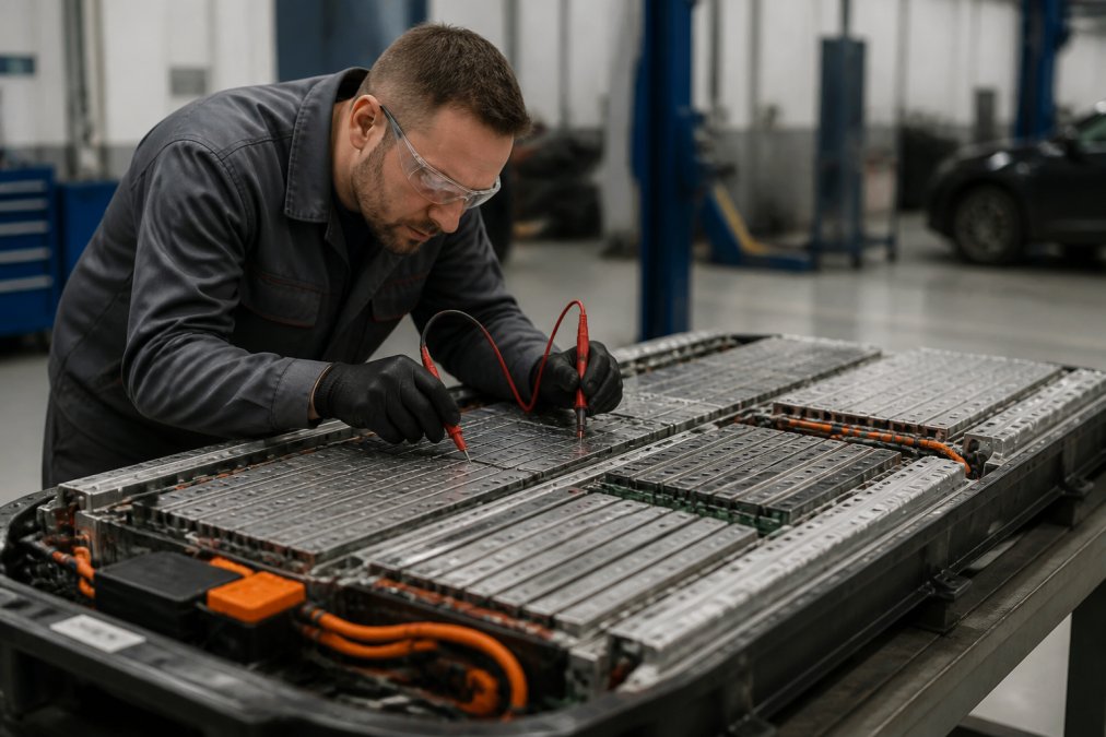 Close-up of a technician using diagnostic equipment on an electric vehicle battery pack in a professional workshop setting, with tools and testing apparatus visible