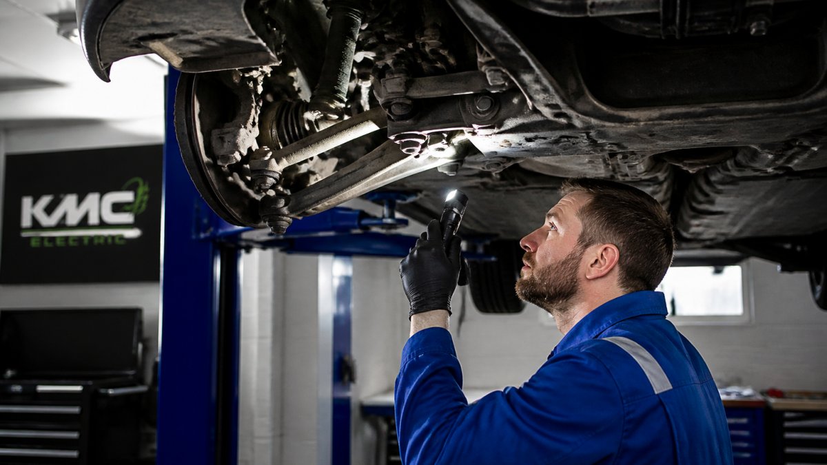 A technician in blue overalls using a torch to inspect the underside of an electric car raised on a two-post lift in a clean independent garage, with suspension arms and shock absorbers clearly visible