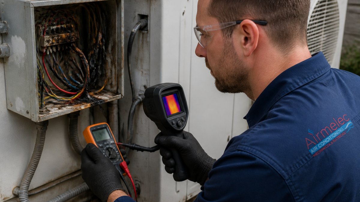 Electrician inspecting faulty wiring and damaged insulation to identify common electrical compliance issues in hvac