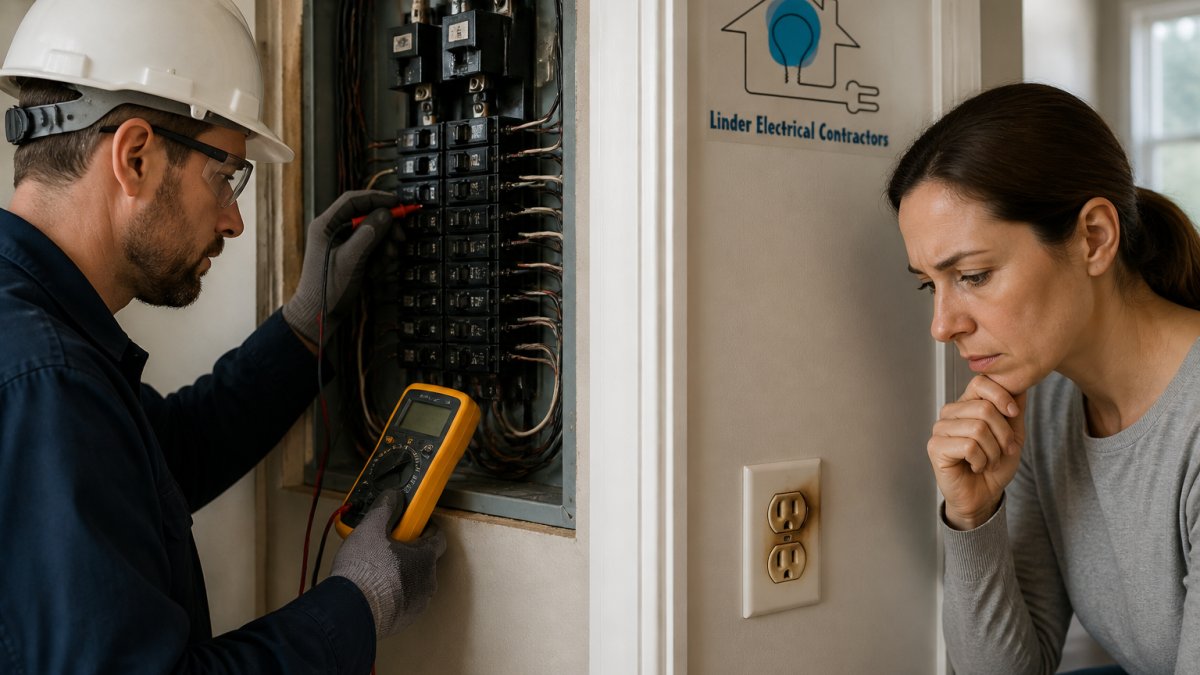 Professional electrician carefully inspecting an older electrical panel with a digital multimeter, wearing safety equipment, examining connection points and components inside the panel box