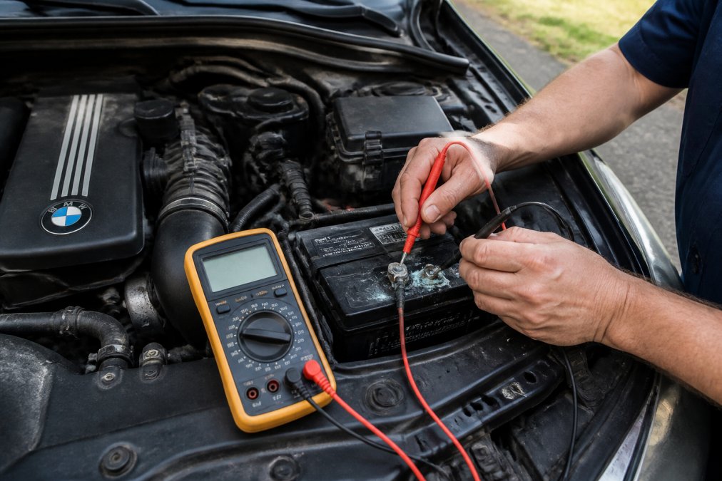 Professional technician using a multimeter to test electrical connections on a BMW engine bay, with red and black probes touching a corroded battery terminal in natural daylight
