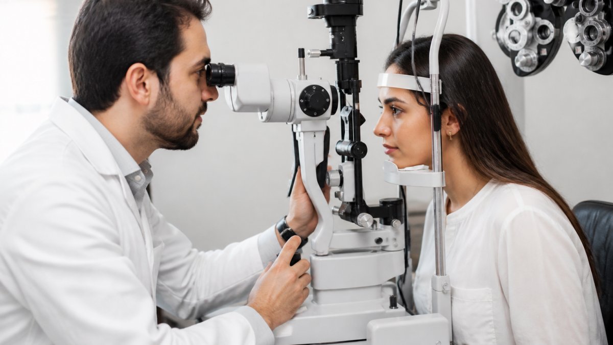 An optometrist performing a comprehensive eye exam on a seated adult patient in a bright, modern clinic room, adjusting a slit lamp while the patient rests their chin on the support