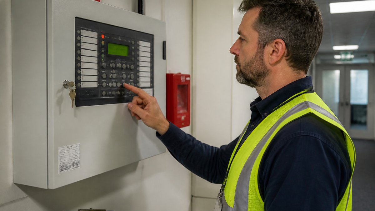 Professional technician in high-visibility safety vest inspecting wall-mounted fire alarm control panel with illuminated indicator lights and fault display screens in commercial office corridor with fluorescent lighting