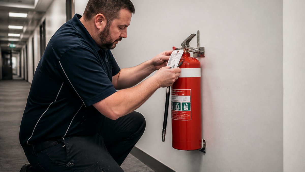 Professional technician inspecting and testing a wall-mounted fire extinguisher in a commercial corridor with clear signage and unobstructed access visible