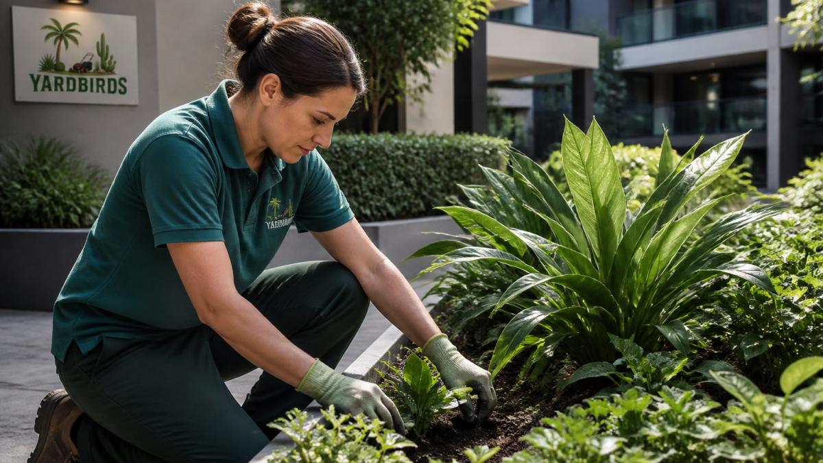 Professional gardener inspecting and maintaining common garden beds in a residential building courtyard, checking plant health and soil condition, with morning sunlight highlighting the foliage