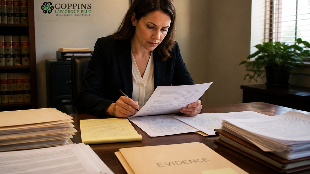 Professional sitting at a desk reviewing administrative documents and case files, with appeal letter, legal pad, and evidence folders visible under warm office lighting