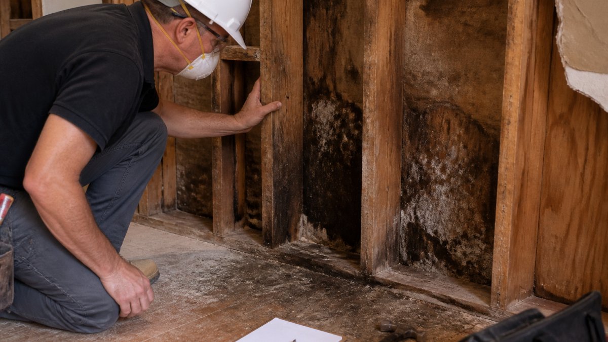Contractor inspecting water-damaged wall framing in an old home, one of the common hidden costs in home renovation projects.