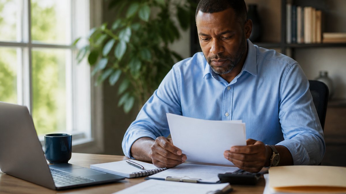 Professional homeowner sitting at desk reviewing insurance paperwork and policy documents with a laptop and notebook, natural office lighting from nearby window
