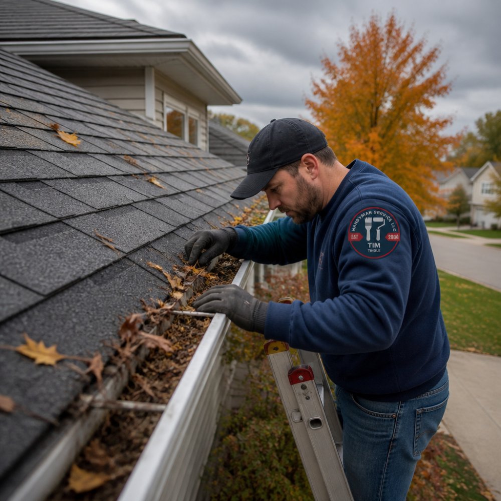 A homeowner on a ladder inspecting a roof edge with visible debris in a gutter, autumn leaves scattered nearby, overcast sky, residential neighborhood setting