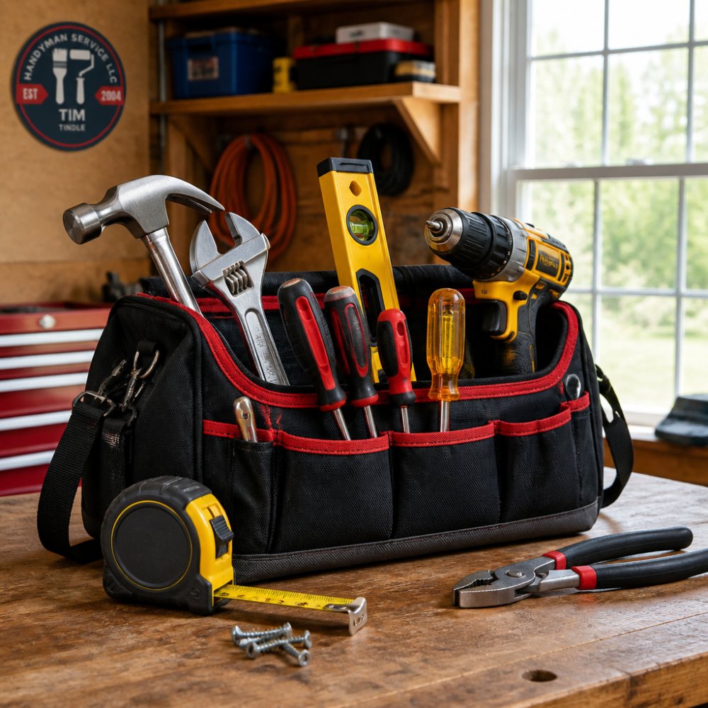 A well-organized tool bag with essentials for home maintenance tasks on a sunny wooden workbench.