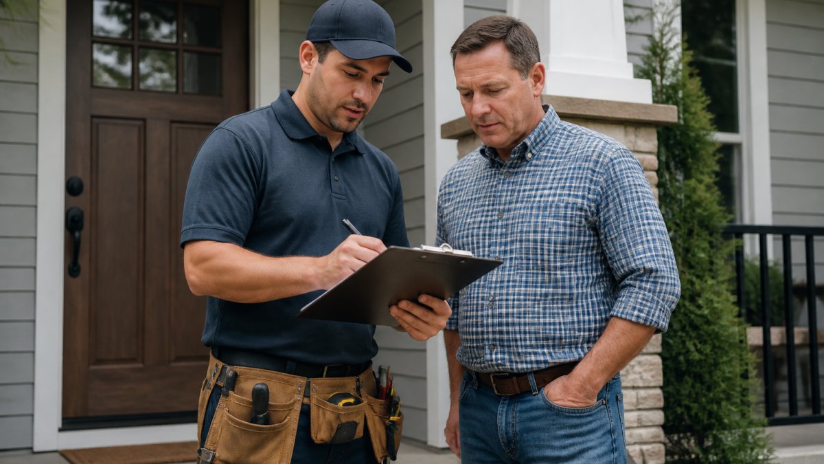 Professional contractor in uniform holding clipboard and tablet, reviewing home inspection checklist with homeowner at front entrance of residential house, natural daylight