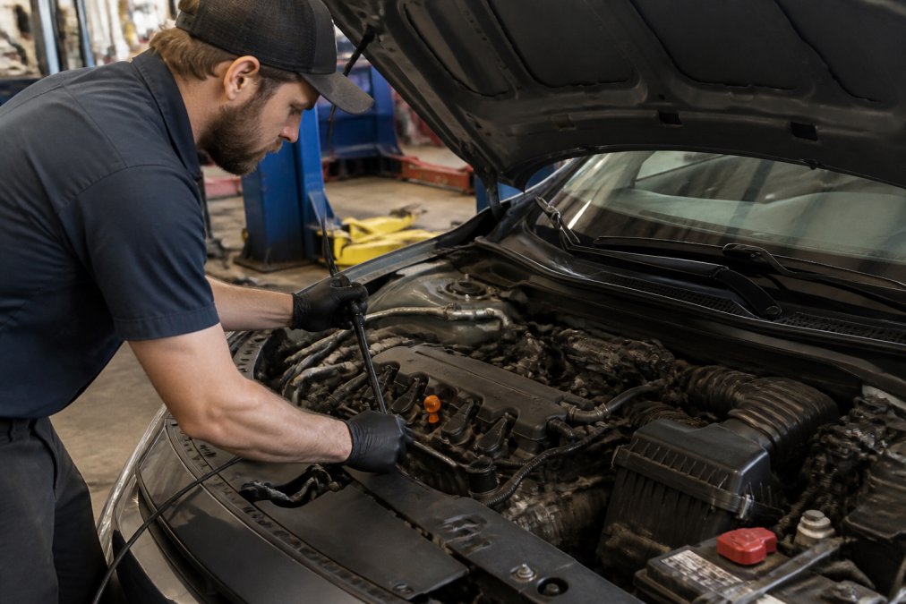 Certified technician performing engine diagnostics on a Honda Civic in a well-lit repair bay, using diagnostic equipment to read trouble codes from the engine control module