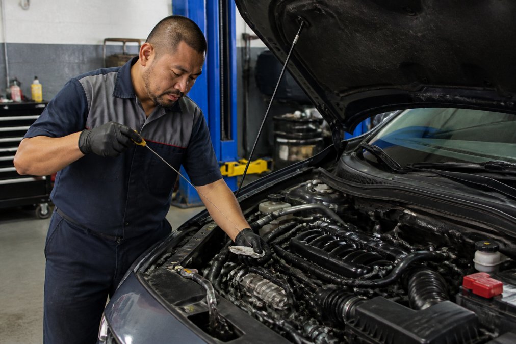 Close-up of a technician checking oil level with dipstick and inspecting engine components during routine maintenance on a Honda Civic, with the hood open in a professional shop