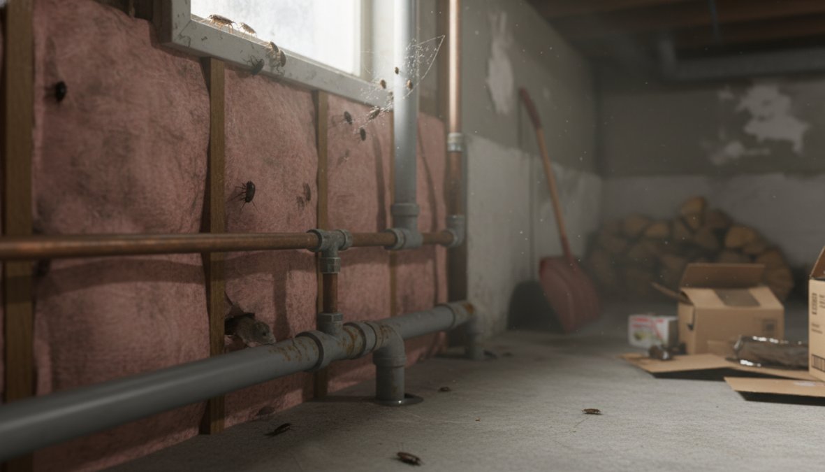 Close-up photograph of a mouse peeking out from behind a wooden baseboard inside a dimly lit home basement, with visible pink insulation and copper pipes in the background, soft incandescent lighting