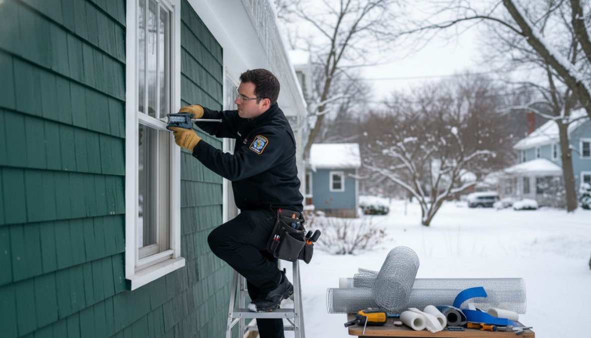 A homeowner in a heavy winter jacket and work gloves using steel wool and a caulk gun to seal a gap at the base of an exterior door on a Massachusetts home, with snow visible on the ground outside and afternoon light casting shadows on the siding