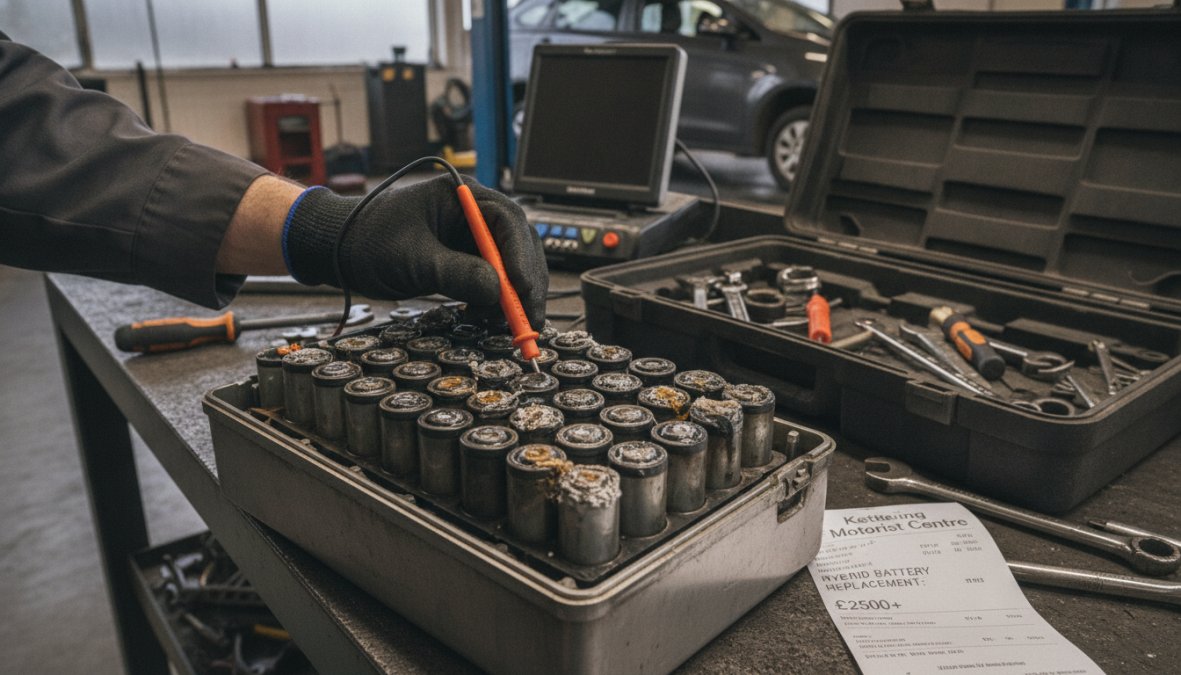 Automotive technician using diagnostic equipment on a hybrid vehicle's battery pack in a professional garage workshop