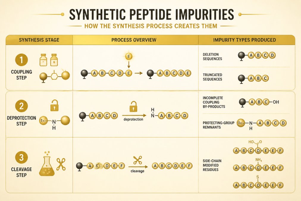Common Impurities in Research Peptides: A 2026 Guide Diagram mapping each synthesis stage to the impurity types it produces: coupling step yields deletion and truncated sequences, deprotection step yields incomplete coupling by-products and protecting-group remnants, cleavage step yields side-chain modified residues