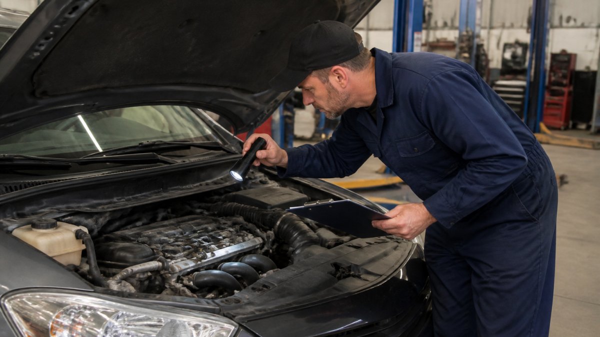 A mechanic in coveralls inspecting the engine bay of a used car with a flashlight, clipboard in hand, in a well-lit garage