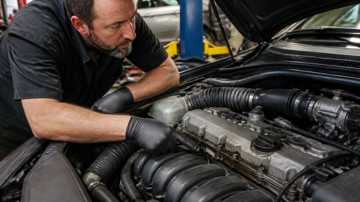 Mechanic inspecting a valve cover gasket for oil leaks, one of the common issues with european luxury cars.