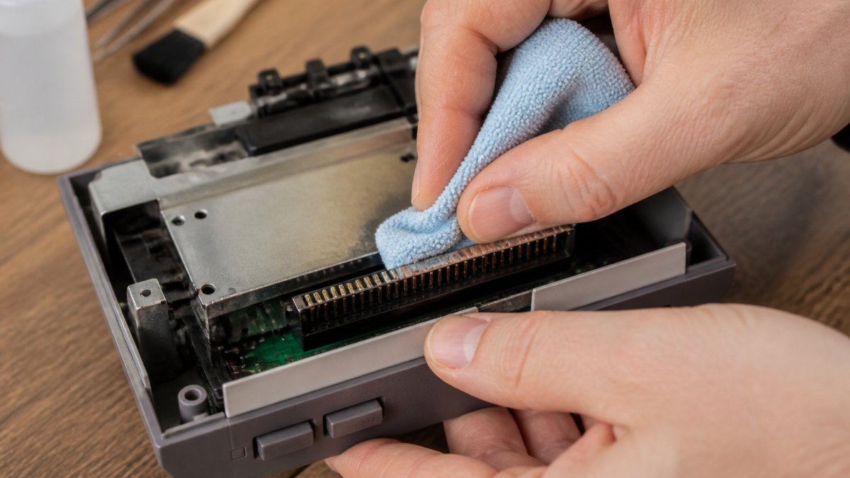 Close-up of hands carefully cleaning an NES cartridge connector with a soft microfiber cloth and isopropyl alcohol solution, showing proper technique without touching the pins