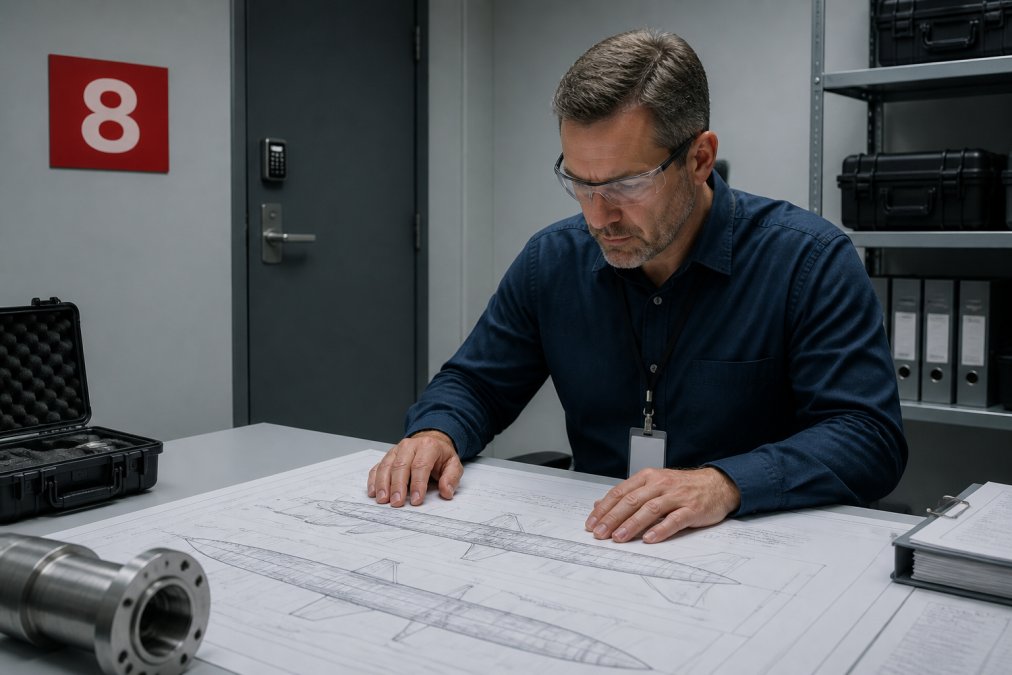 Engineer reviewing sensitive technical blueprints on a secure computer to ensure ITAR compliance.