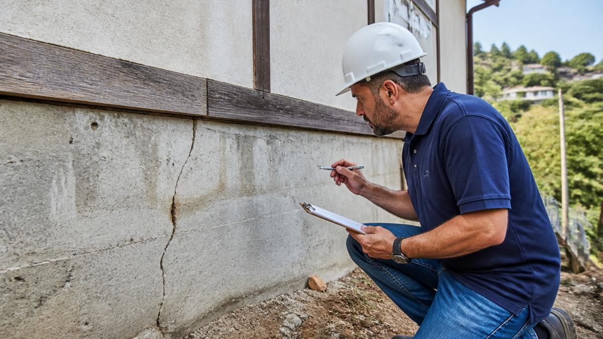 Home inspector checking a foundation crack, one of the most common home inspection deal breakers for buyers.