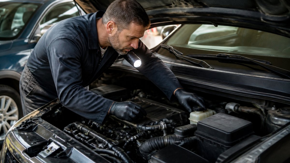 Professional technician using flashlight to inspect engine compartment, checking fluid levels and hose connections under the hood of a used vehicle