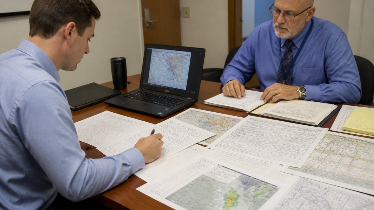A dispatcher candidate at a desk covered with a printed flight plan, weather printouts, and a laptop showing aviation charts, with an examiner seated across the table reviewing documents under bright overhead lighting