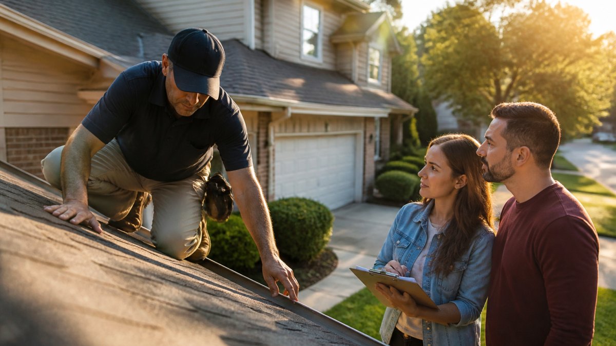 Home inspector examining a roof while first-time homebuyers take notes