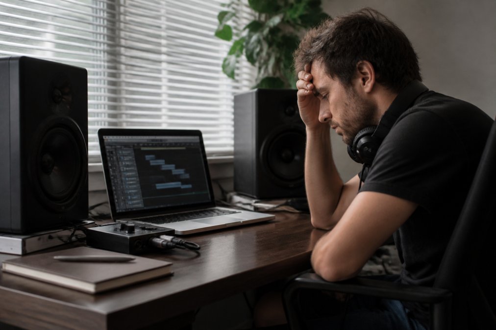 A home music producer sitting at a desk with studio monitors, a laptop showing a DAW session, and headphones around their neck, looking frustrated at the screen